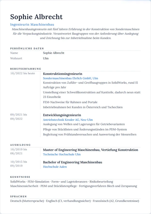 Beispiel-Lebenslauf als Ingenieur Maschinenbau mit fiktiven Angaben: Sophie Albrecht, Ingenieurin Maschinenbau
