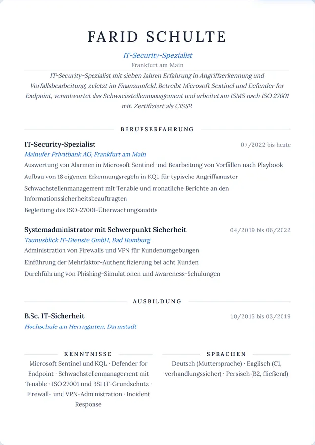 Beispiel-Lebenslauf als IT-Security-Spezialist mit fiktiven Angaben: Farid Schulte, IT-Security-Spezialist