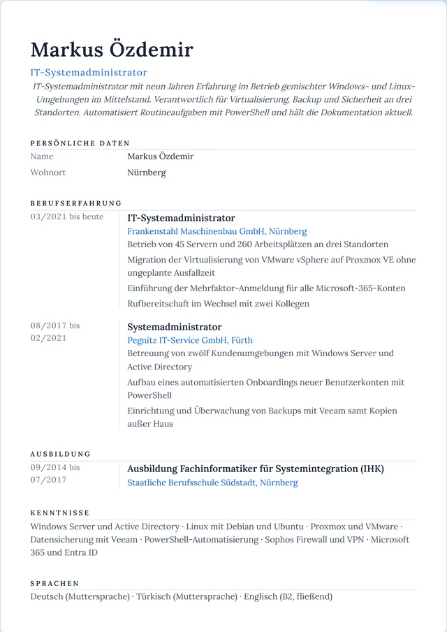 Beispiel-Lebenslauf als IT-Systemadministrator mit fiktiven Angaben: Markus Özdemir, IT-Systemadministrator