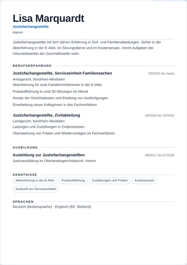 Beispiel-Lebenslauf als Justizfachangestellte mit fiktiven Angaben: Lisa Marquardt, Justizfachangestellte
