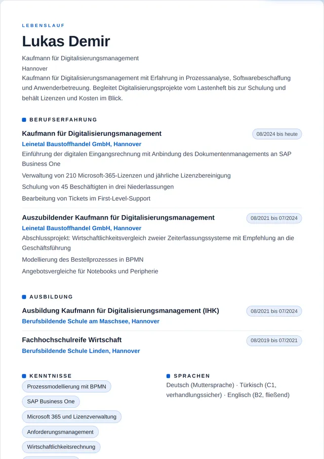 Beispiel-Lebenslauf als Kaufmann für Digitalisierungsmanagement mit fiktiven Angaben: Lukas Demir, Kaufmann für Digitalisierungsmanagement