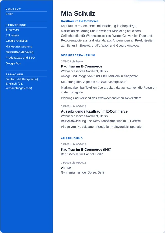 Beispiel-Lebenslauf als Kaufmann im E-Commerce mit fiktiven Angaben: Mia Schulz, Kauffrau im E-Commerce