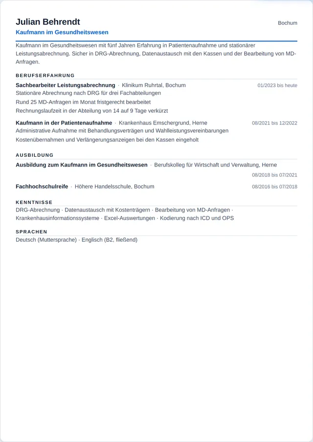 Beispiel-Lebenslauf als Kaufmann im Gesundheitswesen mit fiktiven Angaben: Julian Behrendt, Kaufmann im Gesundheitswesen