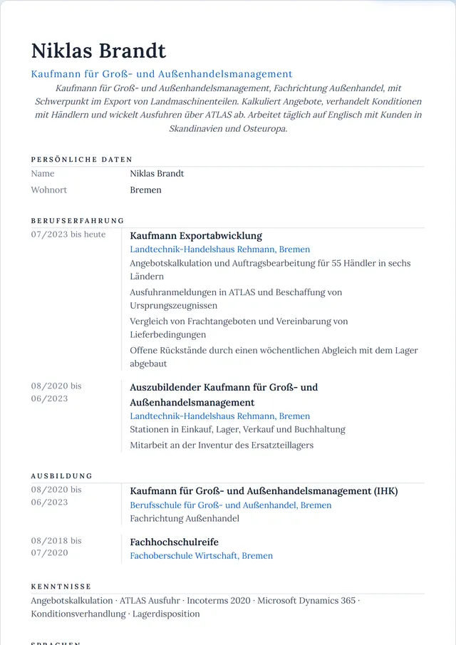 Beispiel-Lebenslauf als Kaufmann im Groß- und Außenhandelsmanagement mit fiktiven Angaben: Niklas Brandt, Kaufmann für Groß- und Außenhandelsmanagement