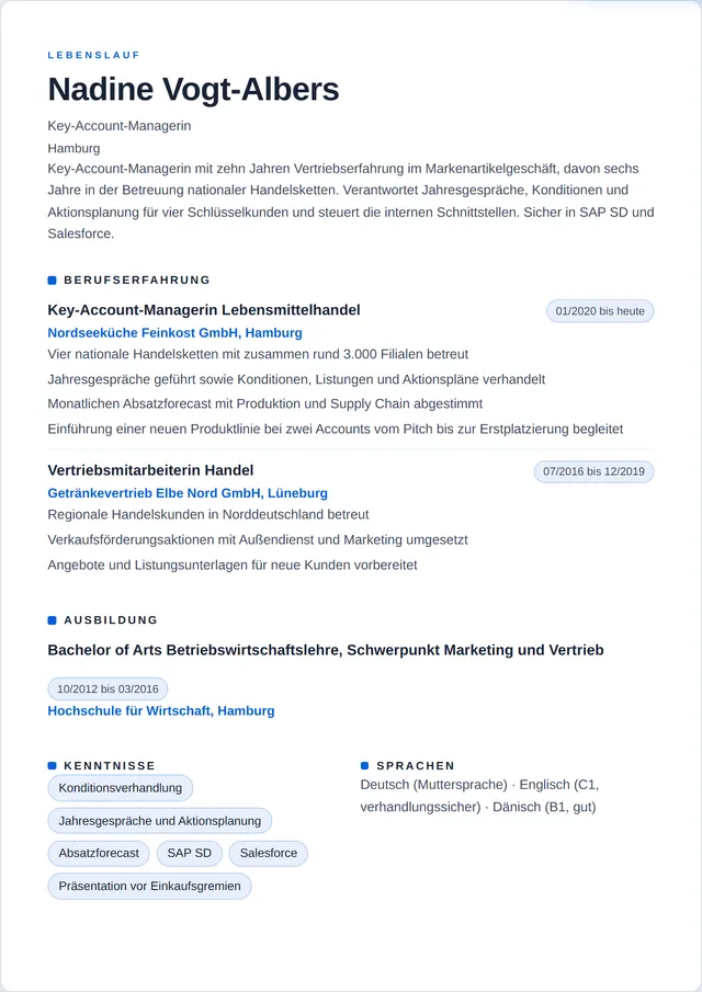 Beispiel-Lebenslauf als Key-Account-Manager mit fiktiven Angaben: Nadine Vogt-Albers, Key-Account-Managerin