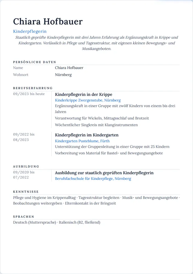 Beispiel-Lebenslauf als Kinderpfleger mit fiktiven Angaben: Chiara Hofbauer, Kinderpflegerin