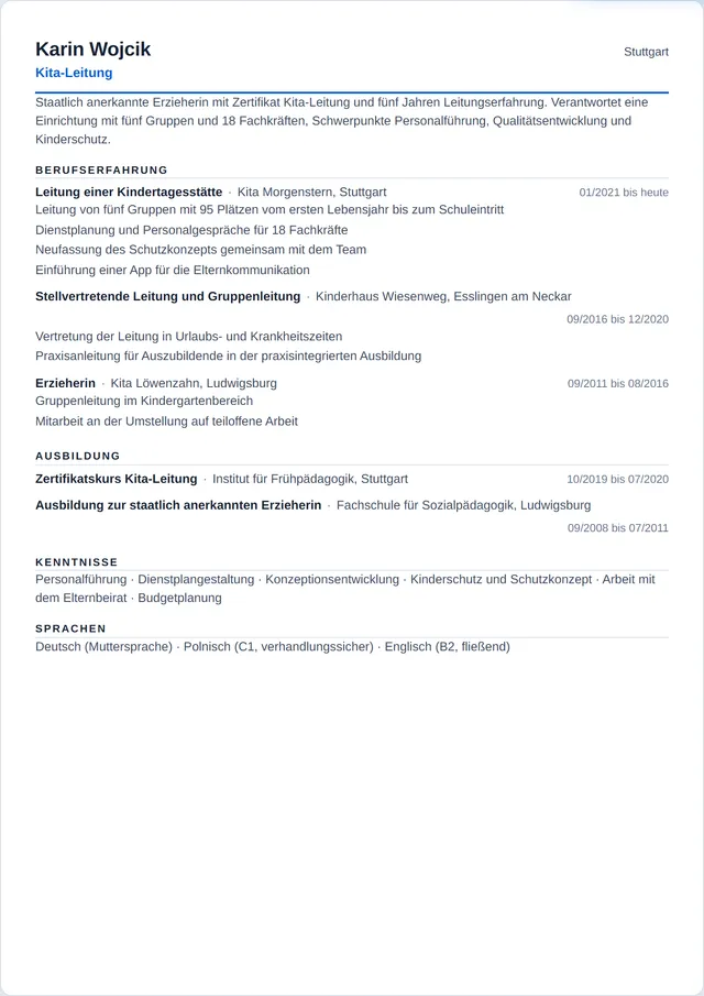 Beispiel-Lebenslauf als Kita-Leitung mit fiktiven Angaben: Karin Wojcik, Kita-Leitung