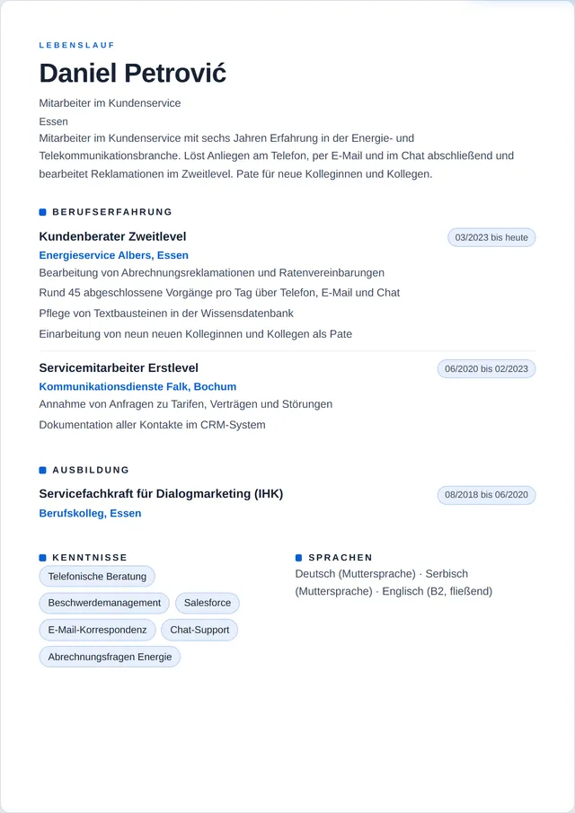 Beispiel-Lebenslauf als Mitarbeiter im Kundenservice mit fiktiven Angaben: Daniel Petrović, Mitarbeiter im Kundenservice