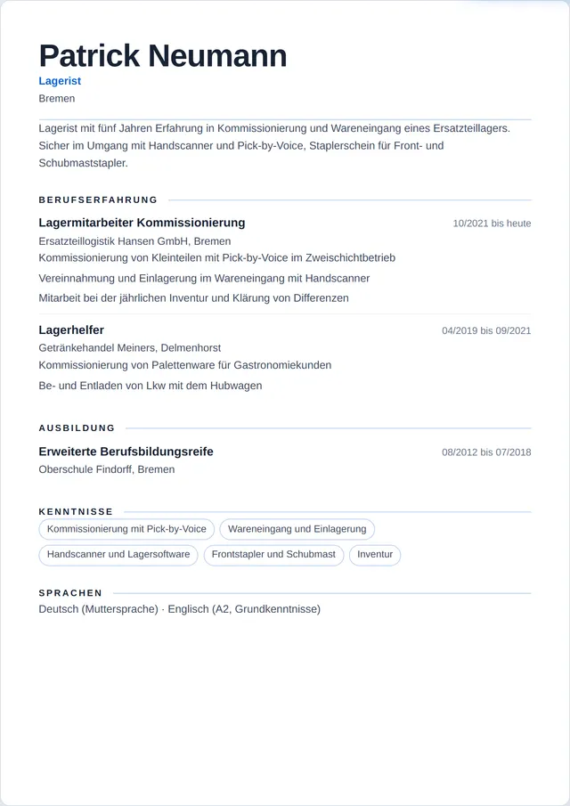 Beispiel-Lebenslauf als Lagerist mit fiktiven Angaben: Patrick Neumann, Lagerist