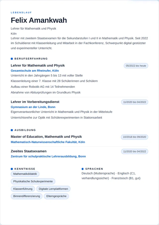 Beispiel-Lebenslauf als Lehrer mit fiktiven Angaben: Felix Amankwah, Lehrer für Mathematik und Physik