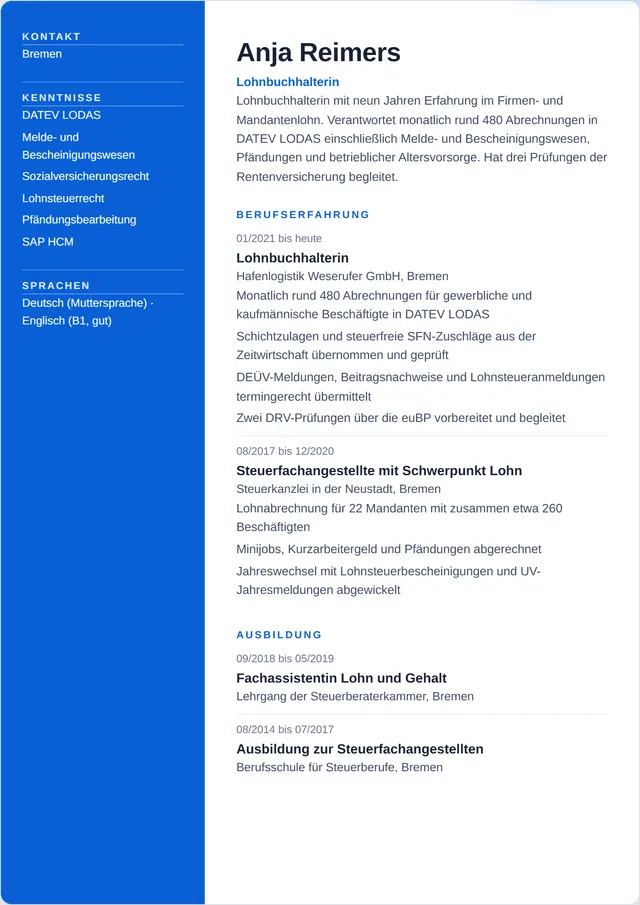 Beispiel-Lebenslauf als Lohnbuchhalter mit fiktiven Angaben: Anja Reimers, Lohnbuchhalterin