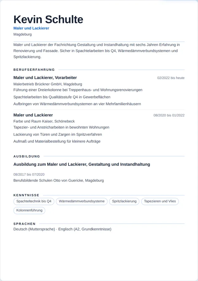 Beispiel-Lebenslauf als Maler und Lackierer mit fiktiven Angaben: Kevin Schulte, Maler und Lackierer