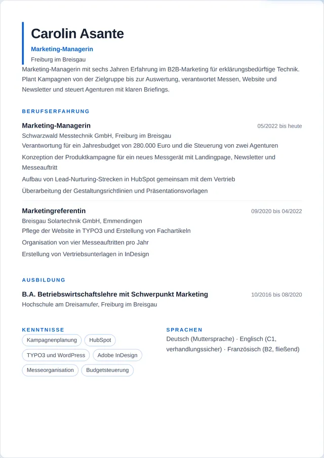 Beispiel-Lebenslauf als Marketing-Manager mit fiktiven Angaben: Carolin Asante, Marketing-Managerin