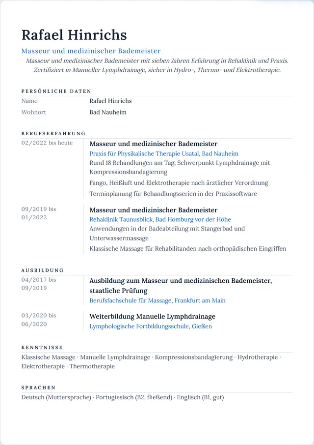 Beispiel-Lebenslauf als Masseur und medizinischer Bademeister mit fiktiven Angaben: Rafael Hinrichs, Masseur und medizinischer Bademeister