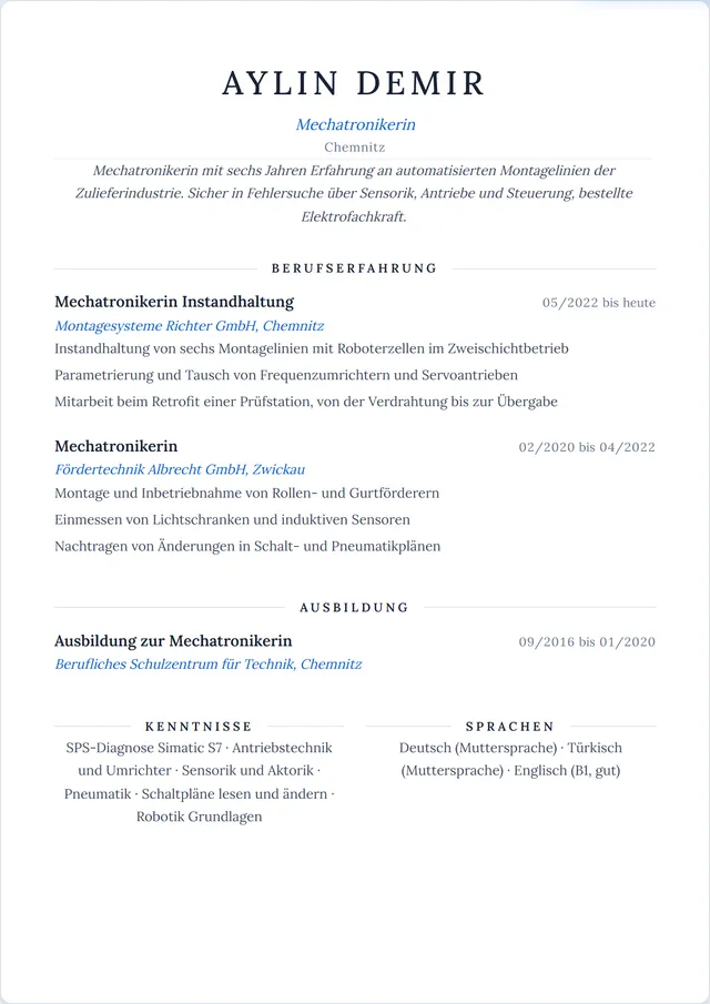 Beispiel-Lebenslauf als Mechatroniker mit fiktiven Angaben: Aylin Demir, Mechatronikerin