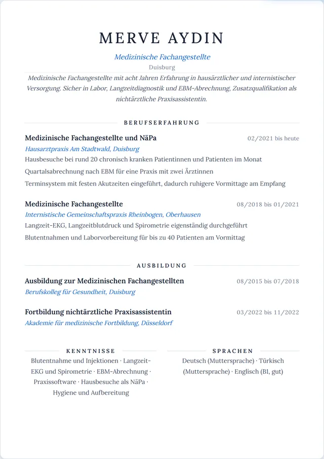 Beispiel-Lebenslauf als Medizinische Fachangestellte mit fiktiven Angaben: Merve Aydın, Medizinische Fachangestellte