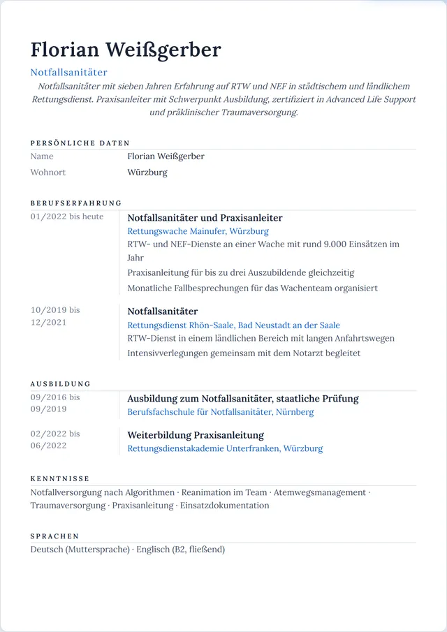 Beispiel-Lebenslauf als Notfallsanitäter mit fiktiven Angaben: Florian Weißgerber, Notfallsanitäter