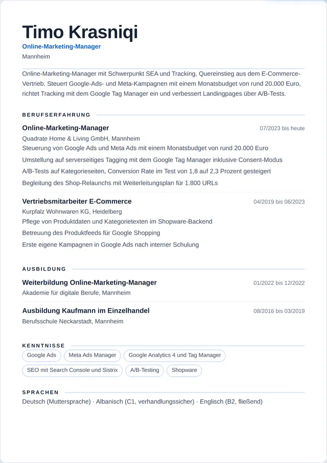 Beispiel-Lebenslauf als Online-Marketing-Manager mit fiktiven Angaben: Timo Krasniqi, Online-Marketing-Manager
