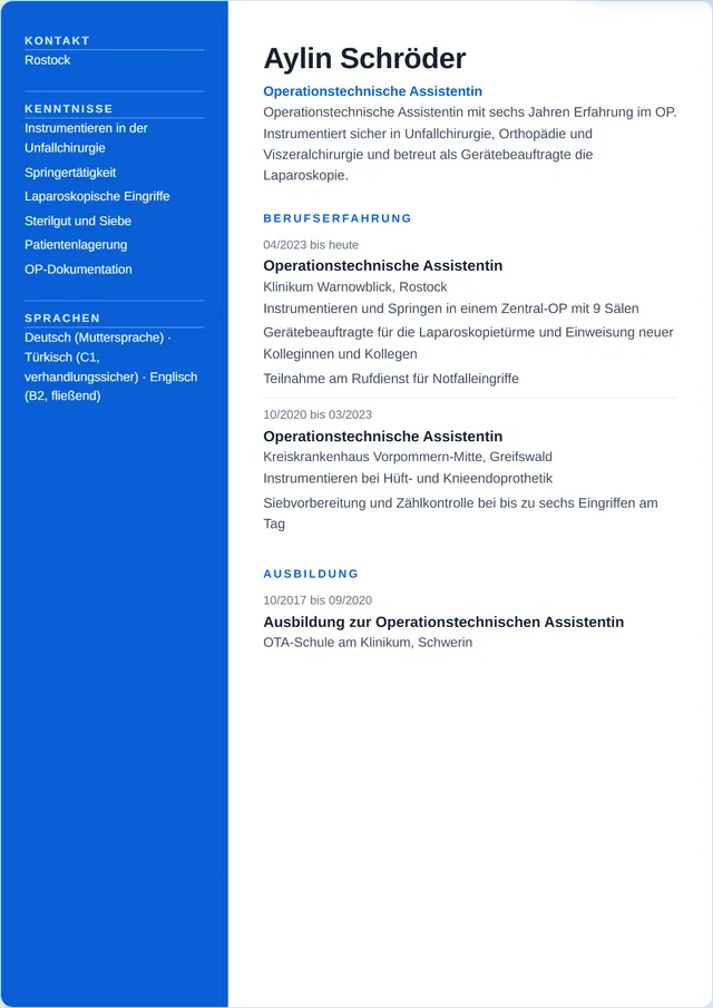 Beispiel-Lebenslauf als Operationstechnische Assistenz mit fiktiven Angaben: Aylin Schröder, Operationstechnische Assistentin