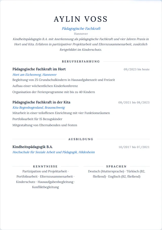 Beispiel-Lebenslauf als Pädagogische Fachkraft mit fiktiven Angaben: Aylin Voss, Pädagogische Fachkraft