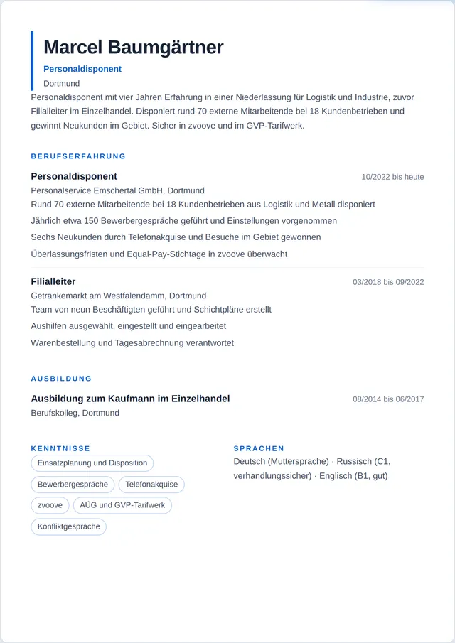 Beispiel-Lebenslauf als Personaldisponent mit fiktiven Angaben: Marcel Baumgärtner, Personaldisponent