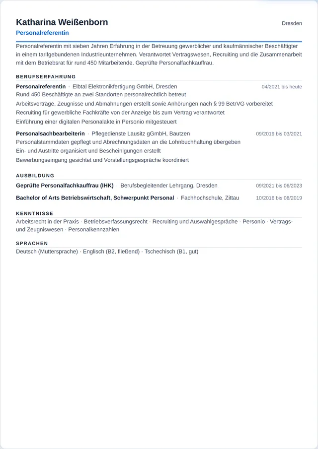 Beispiel-Lebenslauf als Personalreferent mit fiktiven Angaben: Katharina Weißenborn, Personalreferentin