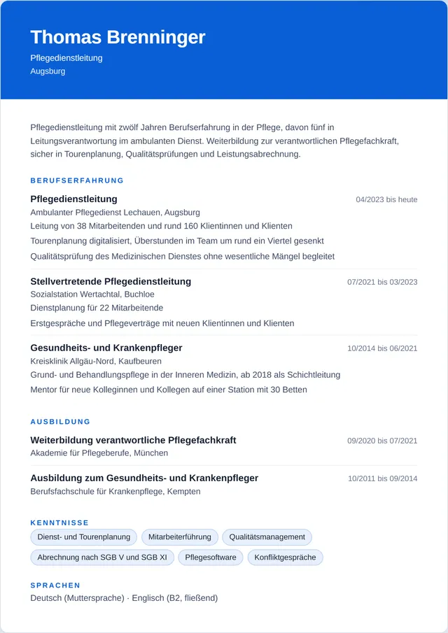 Beispiel-Lebenslauf als Pflegedienstleitung mit fiktiven Angaben: Thomas Brenninger, Pflegedienstleitung