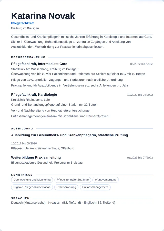 Beispiel-Lebenslauf als Pflegefachkraft mit fiktiven Angaben: Katarina Novak, Pflegefachkraft