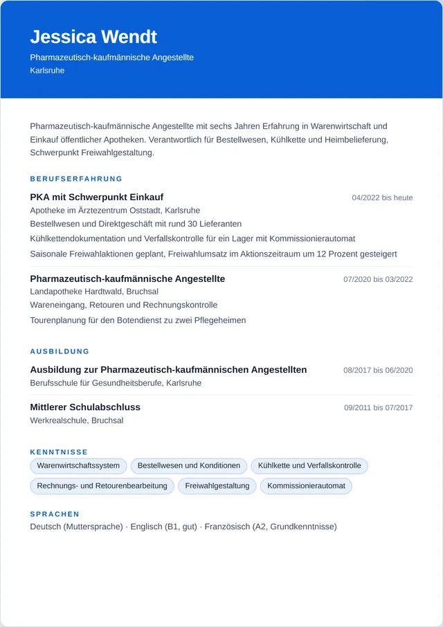 Beispiel-Lebenslauf als Pharmazeutisch-kaufmännische Angestellte mit fiktiven Angaben: Jessica Wendt, Pharmazeutisch-kaufmännische Angestellte