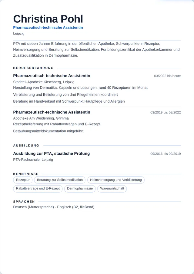 Beispiel-Lebenslauf als Pharmazeutisch-technische Assistentin mit fiktiven Angaben: Christina Pohl, Pharmazeutisch-technische Assistentin