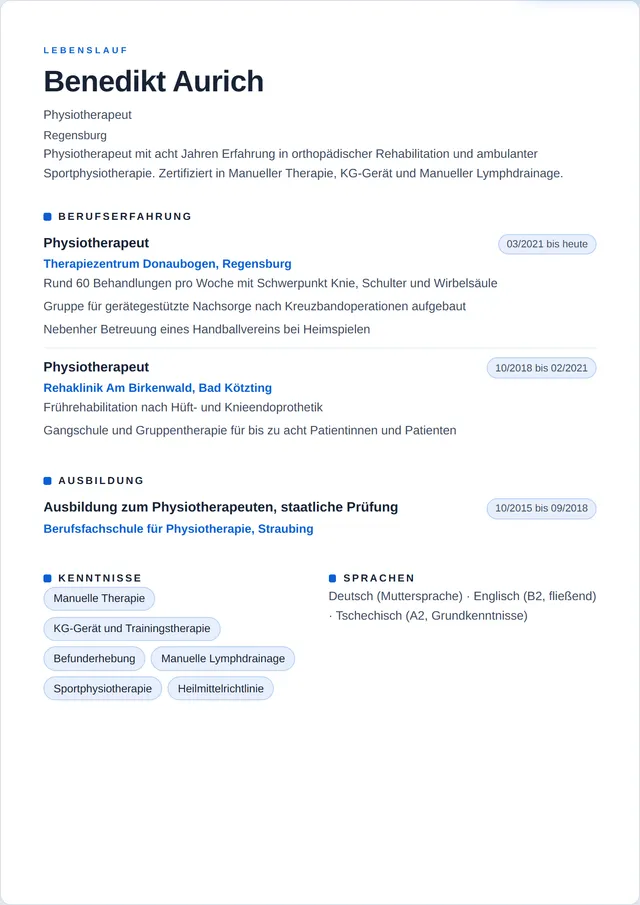Beispiel-Lebenslauf als Physiotherapeut mit fiktiven Angaben: Benedikt Aurich, Physiotherapeut