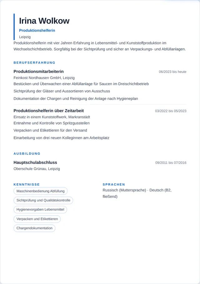 Beispiel-Lebenslauf als Produktionshelfer mit fiktiven Angaben: Irina Wolkow, Produktionshelferin