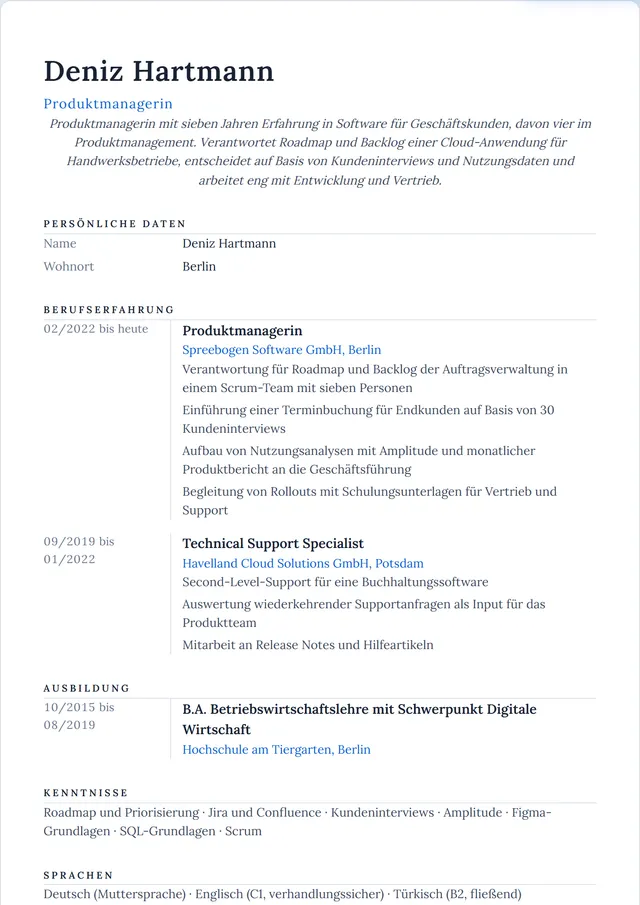 Beispiel-Lebenslauf als Produktmanager mit fiktiven Angaben: Deniz Hartmann, Produktmanagerin