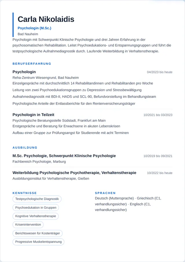 Beispiel-Lebenslauf als Psychologe mit fiktiven Angaben: Carla Nikolaidis, Psychologin (M.Sc.)