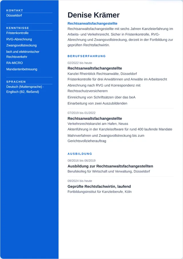 Beispiel-Lebenslauf als Rechtsanwaltsfachangestellte mit fiktiven Angaben: Denise Krämer, Rechtsanwaltsfachangestellte