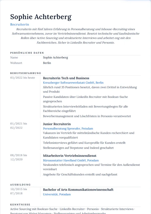 Beispiel-Lebenslauf als Recruiter mit fiktiven Angaben: Sophie Achterberg, Recruiterin