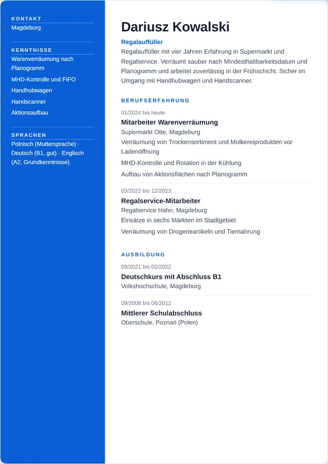 Beispiel-Lebenslauf als Regalauffüller mit fiktiven Angaben: Dariusz Kowalski, Regalauffüller