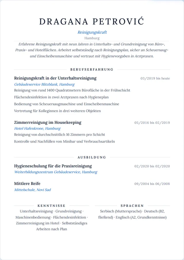 Beispiel-Lebenslauf als Reinigungskraft mit fiktiven Angaben: Dragana Petrović, Reinigungskraft