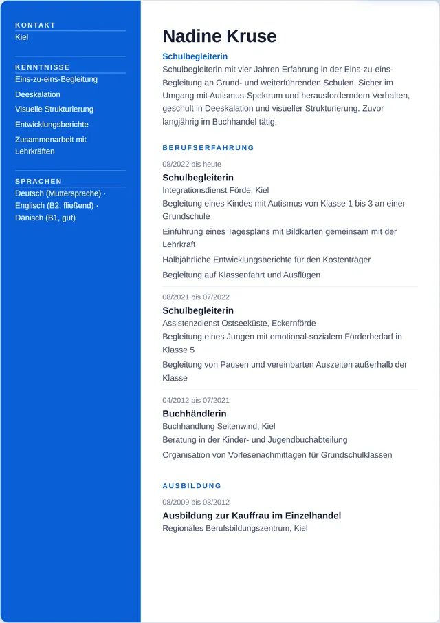 Beispiel-Lebenslauf als Schulbegleiter mit fiktiven Angaben: Nadine Kruse, Schulbegleiterin