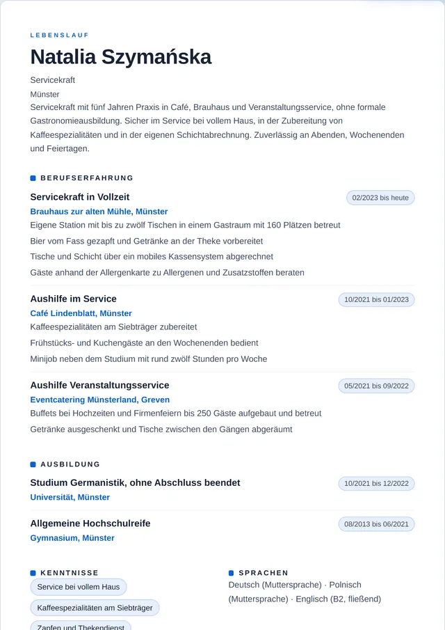 Beispiel-Lebenslauf als Servicekraft mit fiktiven Angaben: Natalia Szymańska, Servicekraft