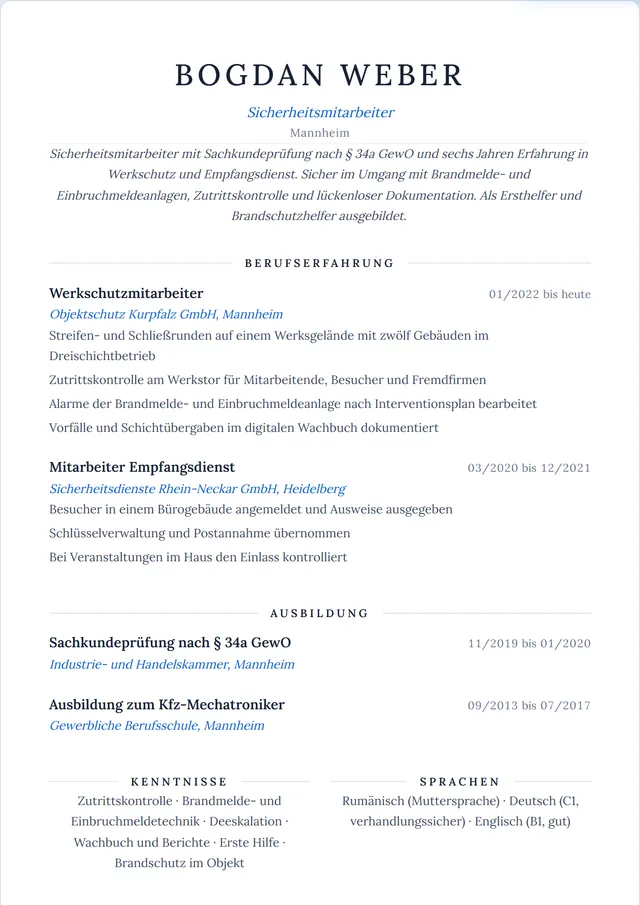 Beispiel-Lebenslauf als Sicherheitsmitarbeiter mit fiktiven Angaben: Bogdan Weber, Sicherheitsmitarbeiter