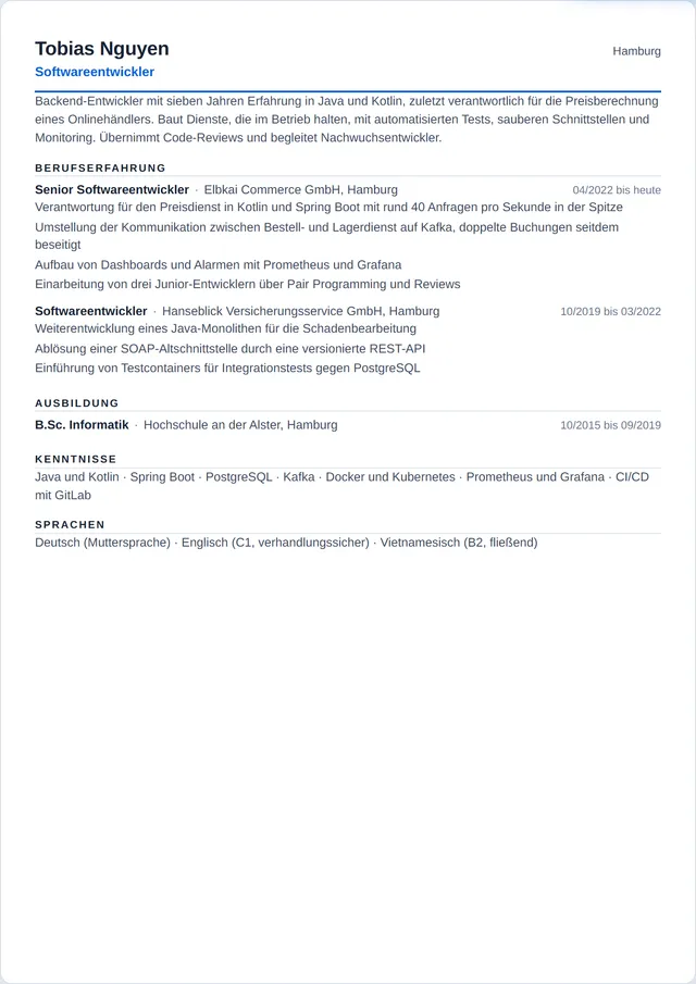 Beispiel-Lebenslauf als Softwareentwickler mit fiktiven Angaben: Tobias Nguyen, Softwareentwickler