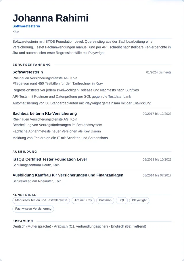 Beispiel-Lebenslauf als Softwaretester mit fiktiven Angaben: Johanna Rahimi, Softwaretesterin