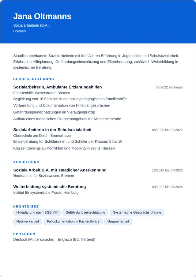 Beispiel-Lebenslauf als Sozialarbeiter mit fiktiven Angaben: Jana Oltmanns, Sozialarbeiterin (B.A.)