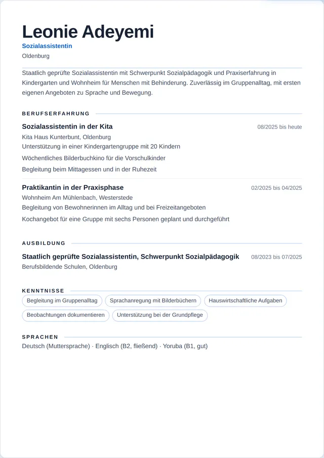 Beispiel-Lebenslauf als Sozialassistent mit fiktiven Angaben: Leonie Adeyemi, Sozialassistentin