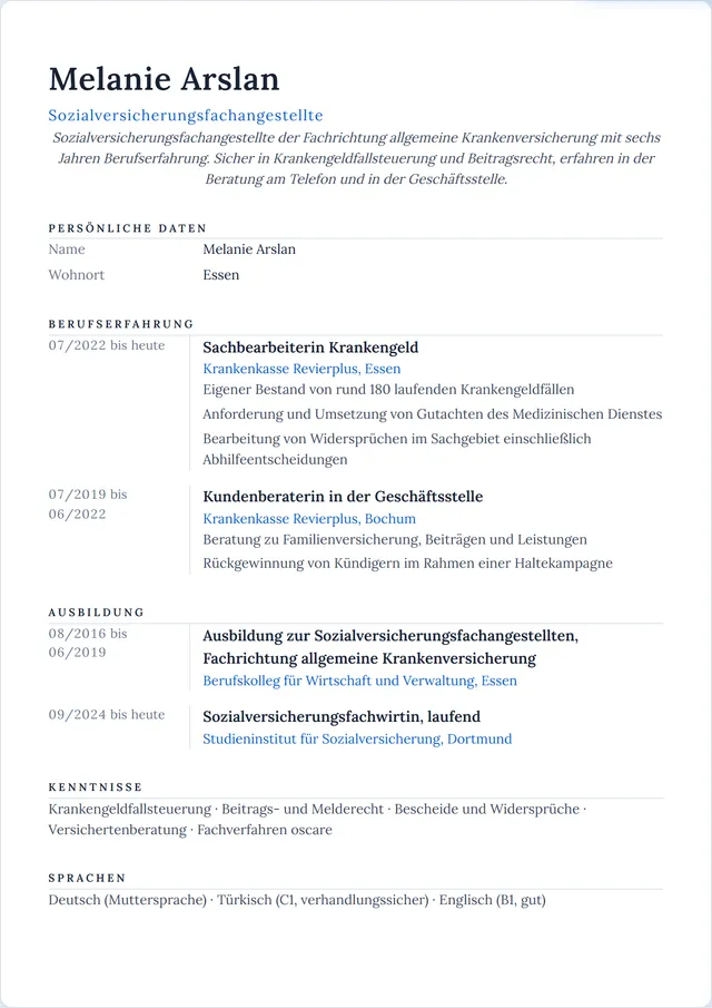 Beispiel-Lebenslauf als Sozialversicherungsfachangestellte mit fiktiven Angaben: Melanie Arslan, Sozialversicherungsfachangestellte