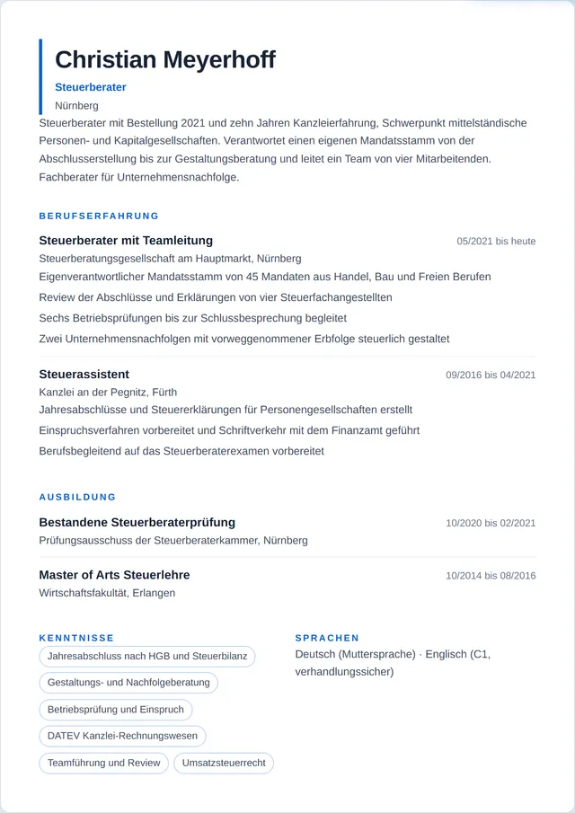 Beispiel-Lebenslauf als Steuerberater mit fiktiven Angaben: Christian Meyerhoff, Steuerberater