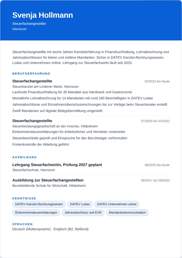 Beispiel-Lebenslauf als Steuerfachangestellte mit fiktiven Angaben: Svenja Hollmann, Steuerfachangestellte