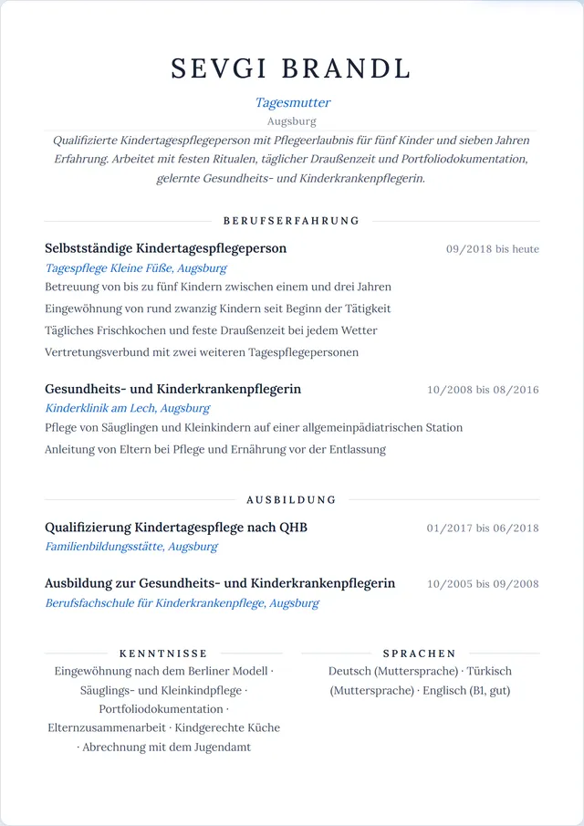 Beispiel-Lebenslauf als Tagesmutter mit fiktiven Angaben: Sevgi Brandl, Tagesmutter