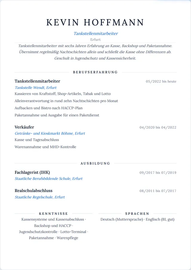 Beispiel-Lebenslauf als Tankstellenmitarbeiter mit fiktiven Angaben: Kevin Hoffmann, Tankstellenmitarbeiter